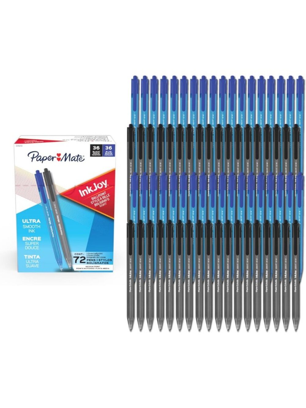 Bulk Pack of 72 Medium Point Ballpoint Pens - Black & Blue Ink for School